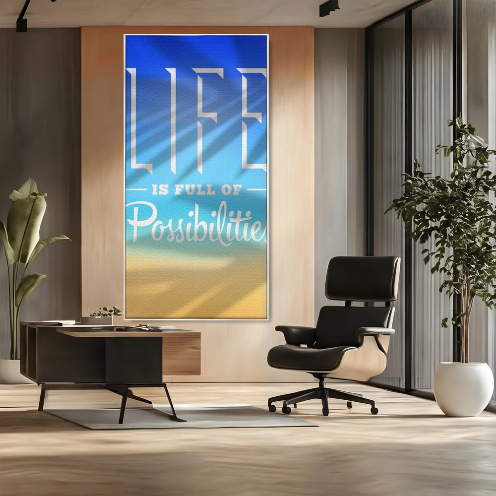 Tablou canvas cu tablou motivational vertical cu mesaj, in rama de aluminiu argintiu, pe perete intr-un birou